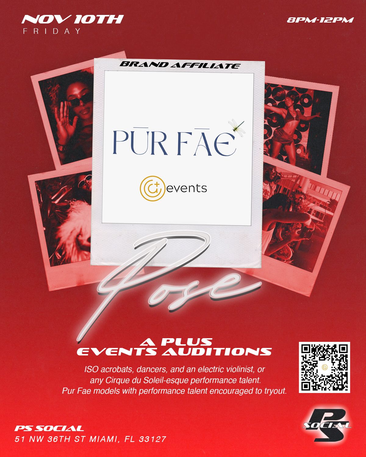 Event flyer for PS Social venue for A Plus Events talent auditions on Friday, Nov. 10th. The flyer is red in color advertising POSE content party co-hosted by A Plus Events who are conducting talent auditons